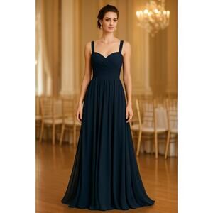 Lauren Ralph Lauren Evening Chiffon Gown Dress Navy Blue Maxi Double Strap 10